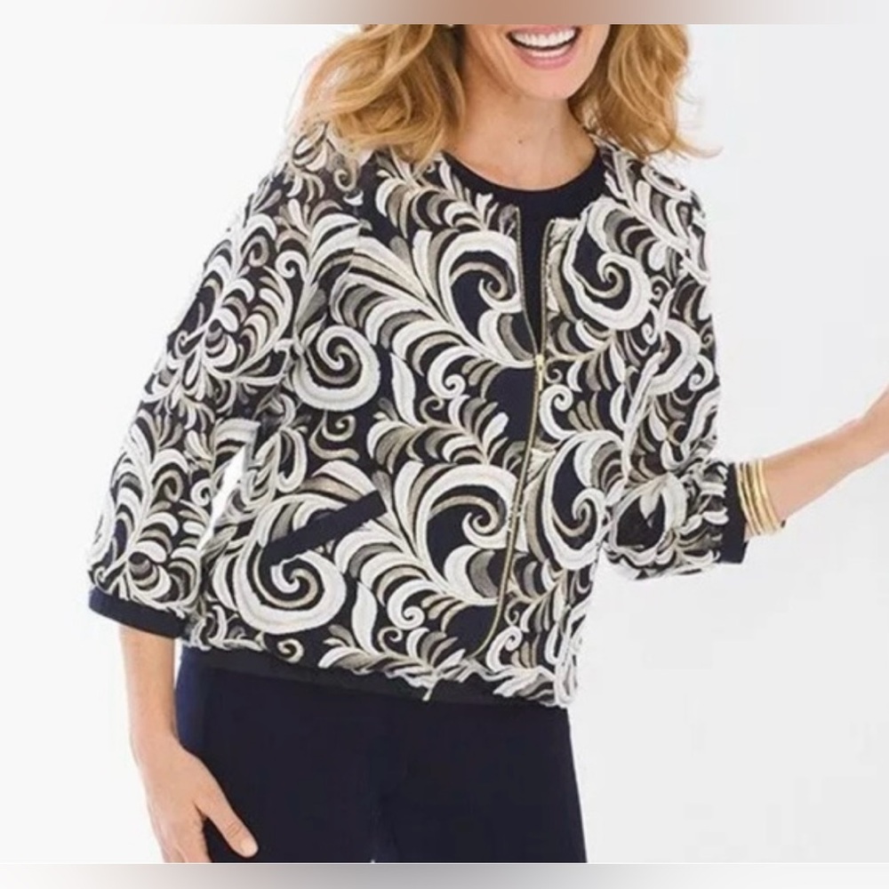 Chico's Travelers Navy, White & Gold Scrollwork Bomber Jacket size XL